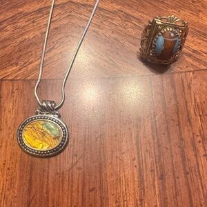 Silver Pendant Necklace with Golden Iridescent Stone - Women Jewelry